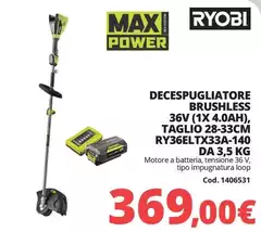 Ryobi - Decespugliatore Brushless 36V (1x 4.0ah), Taglio 2833cm RY36ELTX33A-140 Da 3,5 Kg