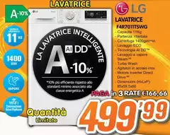 LG - F4R7011TSWG Lavatrice 11kg AI DD, Classe A-10%, 1400 giri, TurboWash, Vapore