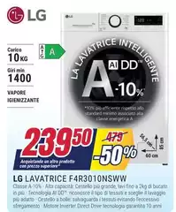 LG - F4R3010NSWW Lavatrice 10kg AI DD, Classe A-10%, 1400 giri, Vapore