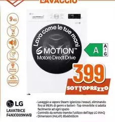 LG - F4NX1009NSWB Lavatrice 9kg AI DD, Classe A-Oranovo Lavatrice 9 Kg 1200 Giri, Vapore