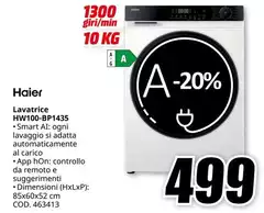 Haier - HW100-BP1435 Lavatrice Caricamento Frontale 10 Kg 1300 Giri/min A-Cola Gril A Bianco