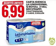 Soft - Carta Igienica La Lunghissima, 12 Rotoli, 2 Veli, 600 Strappi Soft - Carta Igienica La Lunghissima, 12 Rotoli, 2 Veli, 600 Strappi