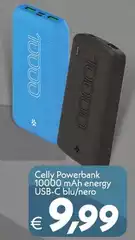 Celly - 10000 Mah Energy Usb-c Blu/nero Celly - 10000 Mah Energy Usb-c Blu/nero