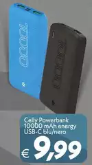 Celly - Powerbank 10000 Mah Energy Usb-c Blu/nero Celly - Powerbank 10000 Mah Energy Usb-c Blu/nero