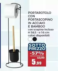 Portarotolo Con Portascopino In Acciaio E Bamboo Portarotolo Con Portascopino In Acciaio E Bamboo