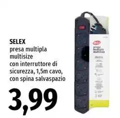Selex - Presa Multipla Multisize Con Interruttore Di Sicurezza, 1,5m Cavo, Con Spina Salvaspazio Selex - Presa Multipla Multisize Con Interruttore Di Sicurezza, 1,5m Cavo, Con Spina Salvaspazio