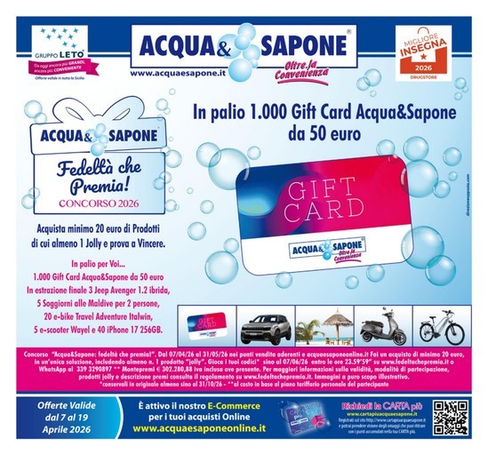 In palio 1 000 gift card acqua & sapone da 50 euro
