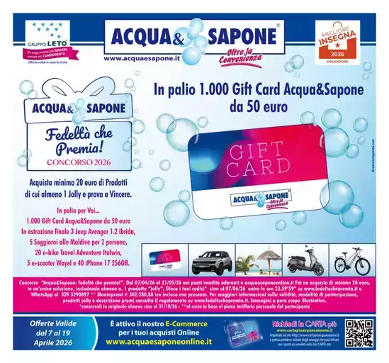 In palio 1 000 gift card acqua & sapone da 50 euro In palio 1 000 gift card acqua & sapone da 50 euro